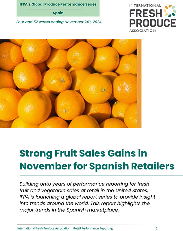 Flyer for IFPA's Global Produce Performance Series on Spain featuring a photo of oranges.