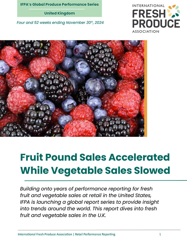 Report cover featuring berries with a title on global produce sales trends in the U.K.