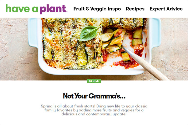 Baked vegetable dish with cheese and breadcrumbs, garnished with basil, beside text about fresh recipes.