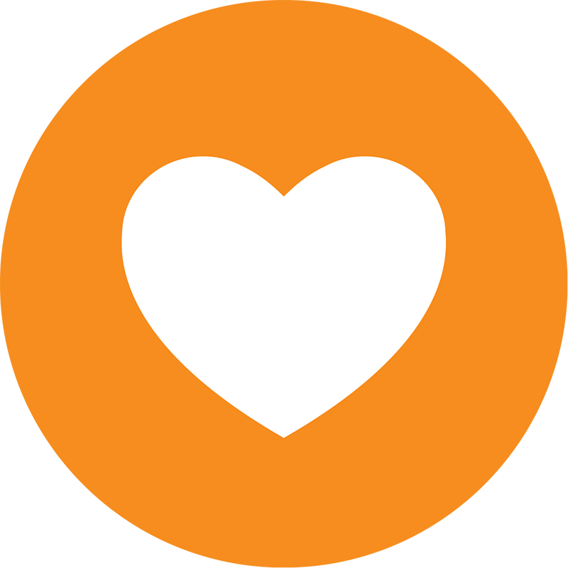 Circular orange icon with a white heart in the center.