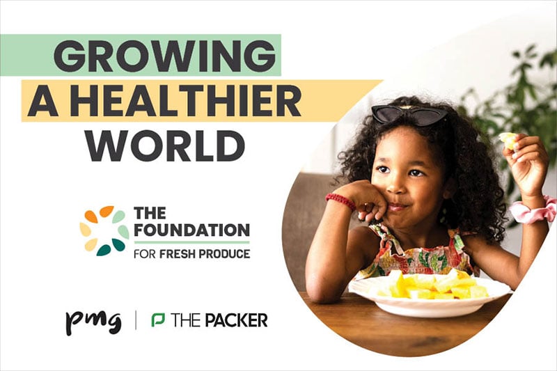 Child eating fruit with logos and text “GROWING A HEALTHIER WORLD” promoting fresh produce.