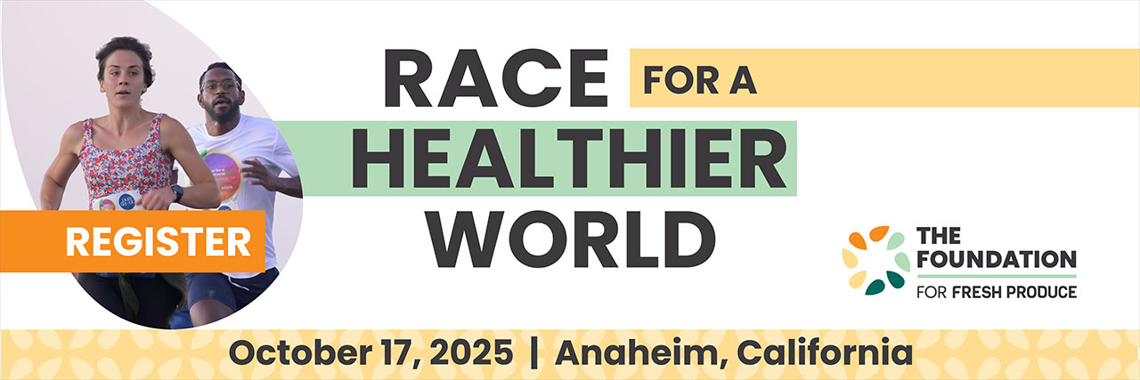 Banner for "Race for a Healthier World" featuring three runners and the "The Foundation for Fresh Produce" logo.