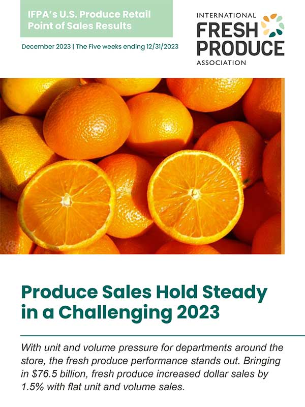 Cover of U.S. Produce Retail POS results December 2023. A large portion of oranges. Some are cut in half and some are whole.