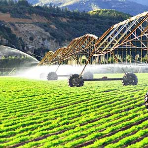 An irrigation system watering a green crop field with mountains in the background.